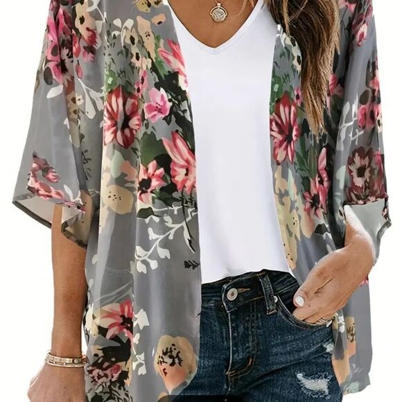 Flower Shrug, Open Front Loose Blouse Multi Versatile. Stunning. Closet Staple!! - Picture 2 of 8